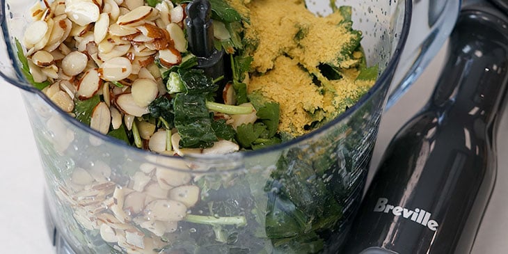 processing kale pesto ingredients in breville food processor 