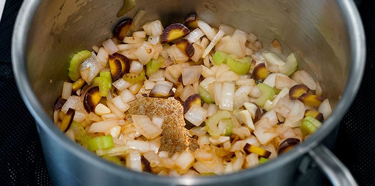 sauteing onion, carrot, and celery for vegan chili recipe