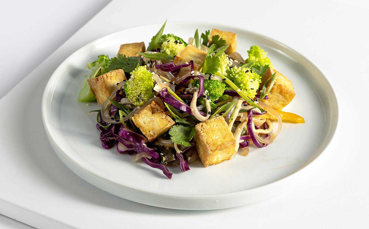 Vegan Meal Crispy Tofu with Organic Mixed Greens