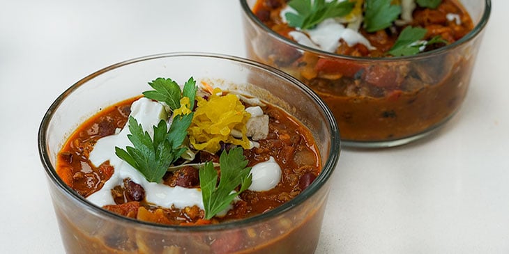 vegan chili recipe in meal prep container 
